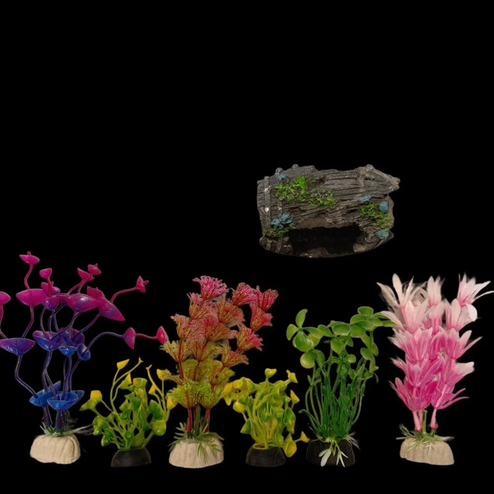 Aquarium Decoration Set Including 6 Soft Plastic Plants And A little Barrel Cave